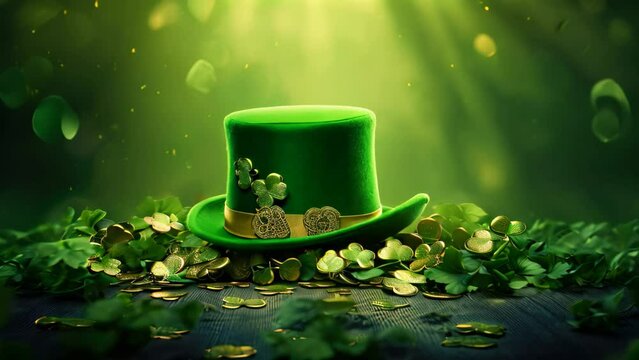 Green leprechaun hat with gold coins and clover leaves on dark background, St. Patrick's Day composition with green beer, shamrock, leprechaun hat, horseshoe and musical instruments, AI Generated