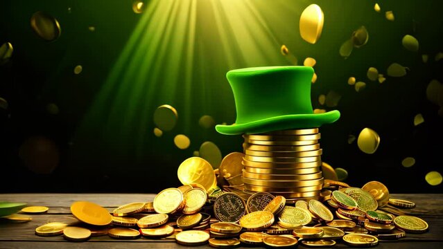 St. Patrick's Day background with leprechaun hat and coins, St. Patrick's Day composition with green beer, shamrock, leprechaun hat, horseshoe and musical instruments on brown, AI Generated