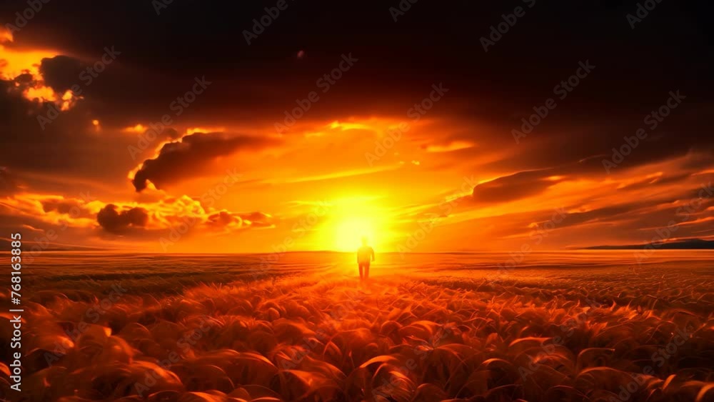 Poster man walking on wheat field at sunset. 3d render illustration, sunset over the field, ai generated