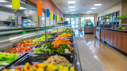 Naklejka premium Embracing nutritional education and offering healthy eating options in the workplace, a well-appointed cafeteria showcasing fresh salads, lean protein options.