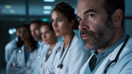 A group of doctors, led by a male Hispanic doctor, stare ahead with serious expressions. - obrazy, fototapety, plakaty