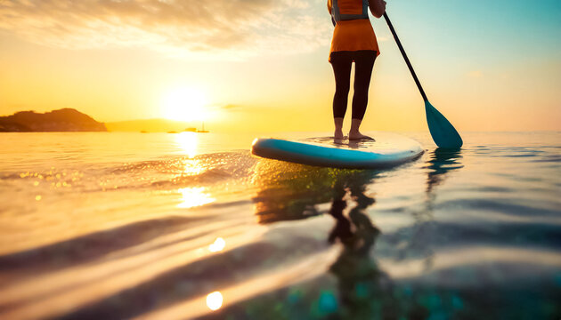 Stand up Paddling, im Hintergrund das Meer im Sonnenuntergang 