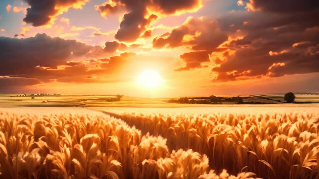 Sunset over wheat field. Dramatic sky. Beauty world, sunset over the field, AI Generated