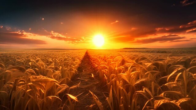 Sunset over wheat field. Nature composition. 3D render, sunset over the field, AI Generated
