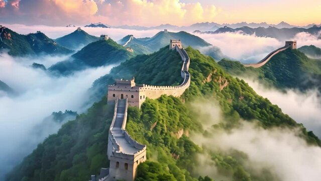 Great Wall of China at sunrise,panoramic view with clouds, The Great Wall of China in the mist , lying long, surrealist view from drone photography, 8k , AI Generated
