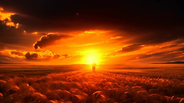Man walking on wheat field at sunset. 3d render illustration, sunset over the field, AI Generated