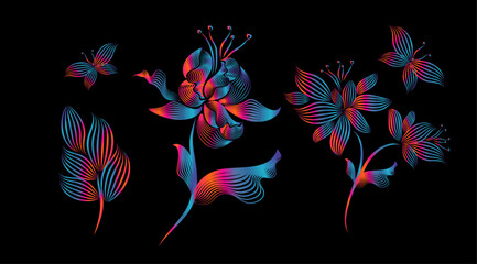 Set of red and blue flowers from lines. hand drawn. Not AI . Vector illustration