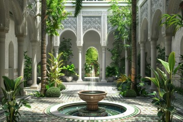 Fototapeta na wymiar A fountain graces the courtyard, surrounded by lush greenery and plant life, enhancing the building facade with a touch of nature