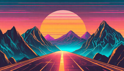 Beautiful landscape with mountains and road. Trendy neon synth wave background with sunset sky.