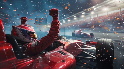 Male racer athlete celebrating winning victory in car race championship. Generated AI image - obrazy, fototapety, plakaty