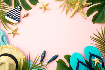 Fototapeta premium Summer flat lay background. Palm leaves, sea shells and accessories on pink.