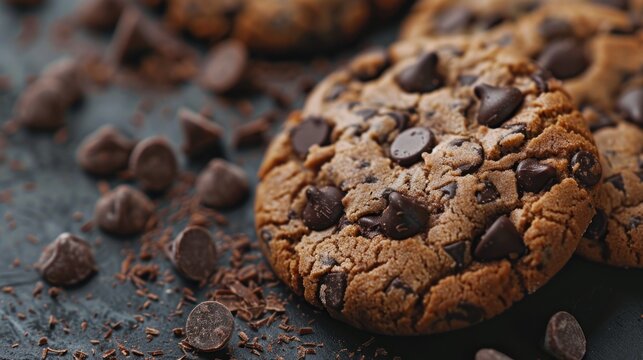 Tasty sweet chocolate chip cookie on wooden tray background. AI generated image
