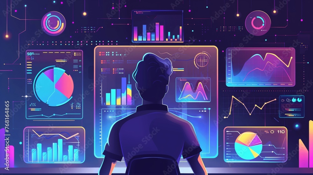 Poster person analyzing data on computer screen