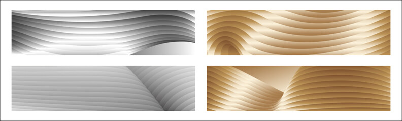 Wavy silver and gold parallel gradient lines, ribbons, silk. Set of 4 backgrounds. Black and white with shades of gray or golden silk. Banner, poster. eps vector