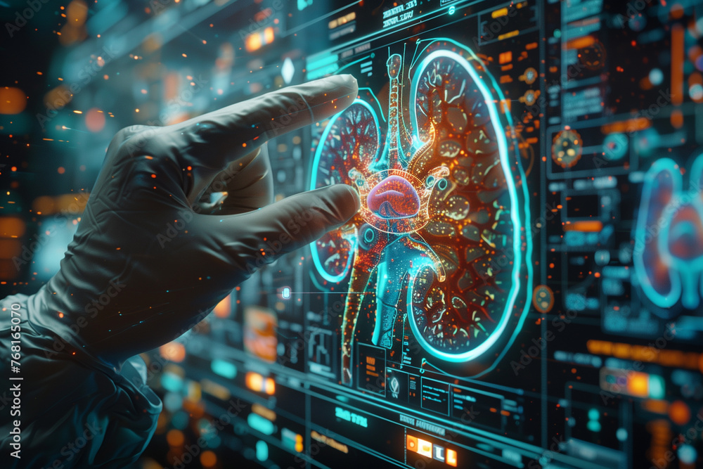 Poster Hand pointing at a computer screen with a picture of a human kidney.