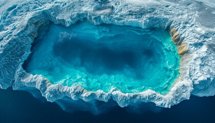 Aerial View of a Deep Blue Ice Hole in a Snowy Arctic Landscape. Lake in glacier.