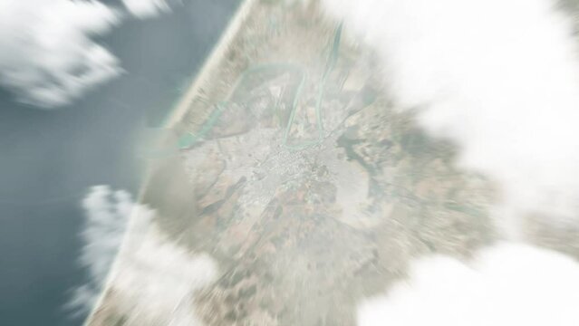 Earth zoom in from space to Kenitra, Morocco. Followed by zoom out through clouds and atmosphere into space. Satellite view. Travel intro. Images from NASA