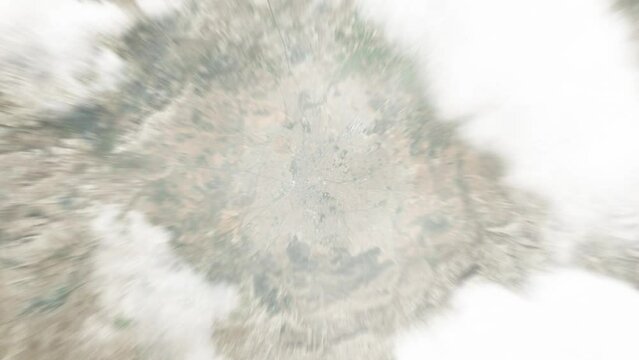 Earth zoom in from space to Oujda-Angad, Morocco. Followed by zoom out through clouds and atmosphere into space. Satellite view. Travel intro. Images from NASA