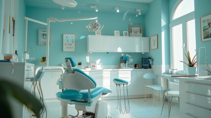 Blue and White Dentists Chair in Clinic