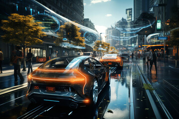 Futuristic autonomous vehicles navigating a city street.