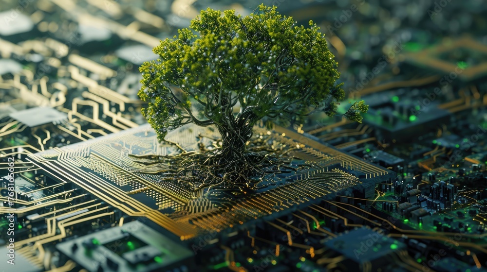 Poster the bottom angle view of the growing green tree on the cpu on the land of the greenish mainboard and