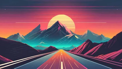 Fototapeten Beautiful landscape with mountains and road. Trendy neon synth wave background with sunset sky. © hardvicore