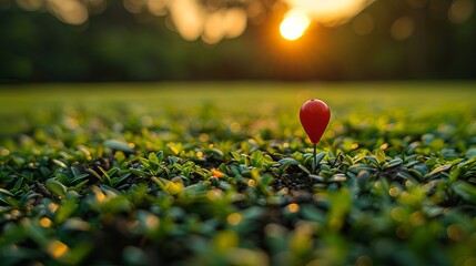 Scenic depiction of a green field and sunset with a big red pin marking a location, representing the concept of goals, dreams, endings, picnics, and victories. - obrazy, fototapety, plakaty