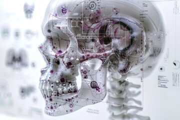 Human skull model with a futuristic, data-driven analysis interface overlay