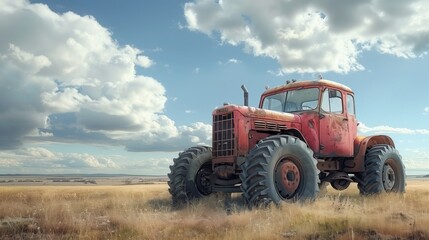 Fototapeta premium Red Tractor Parked in Field