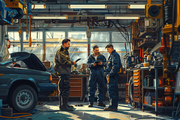 Three Men Working on Car in Garage