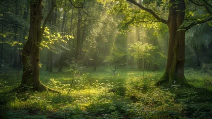 Fotobehang A serene, enchanting forest scene in early summer,  © Glce