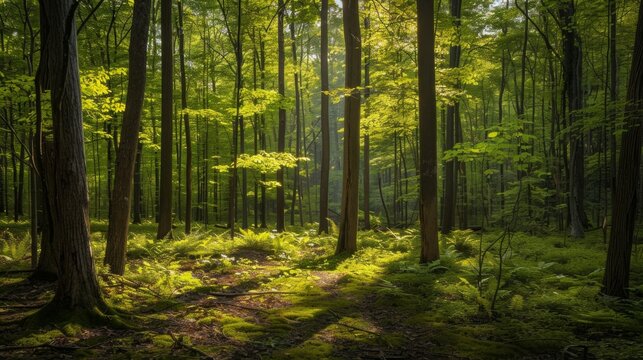 A serene, enchanting forest scene in early summer, 