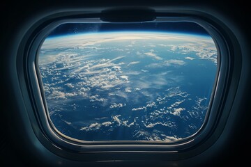 airplane window view of earth, dark blue sky, black background, 