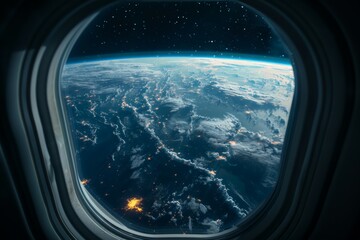airplane window view of earth, dark blue sky, black background, 