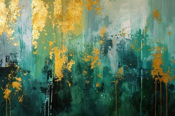 Fotobehang The abstract picture of the gold, green and yellow colour that has been painted or splashed on the white blank background wallpaper to form random shape that cannot be describe yet beautiful. AIGX01. © Summit Art Creations
