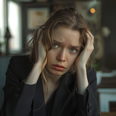 Girl of European appearance, office worker in melancholy