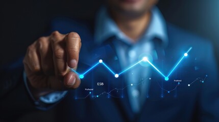 A businessman touch to pointing growth graph line with a blue arrow up virtual screen. AI generated - obrazy, fototapety, plakaty