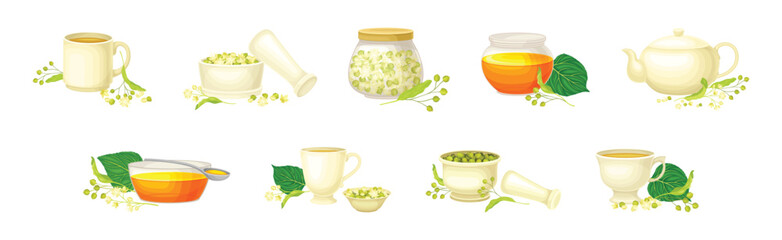 Linden Honey Jar and Aromatic Blossom Vector Set