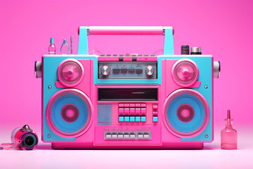 a pink and blue boom box