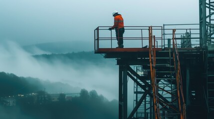 A construction worker stands on an elevated platform, overseeing a foggy industrial site, ensuring safety and project progress. AIG41