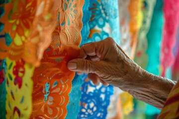 Obraz premium A weathered hand carefully folds a vibrant papel picado banner, tradition passed down