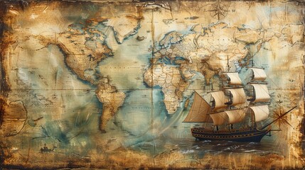 Old world map, exploration and adventure with a vintage nautical theme , minimalist - obrazy, fototapety, plakaty