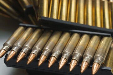 Close-up of ammunition for an assault rifle. Small-caliber ammunition for small arms.