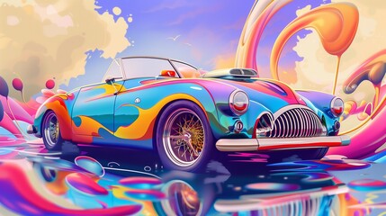 Colorful Car Submerged in Water - obrazy, fototapety, plakaty