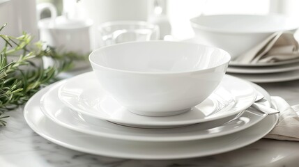 Classic dinnerware white plates and cups on the table. Generated AI image