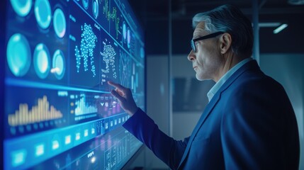 A senior data analyst focuses on interpreting complex data visualizations displayed on high-tech digital screens. AIG41