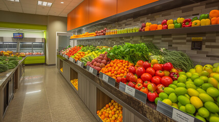
Implementing nutritional education and promoting healthy eating options in the workplace, a diverse array of colorful fruits and vegetables displayed in communal areas.
