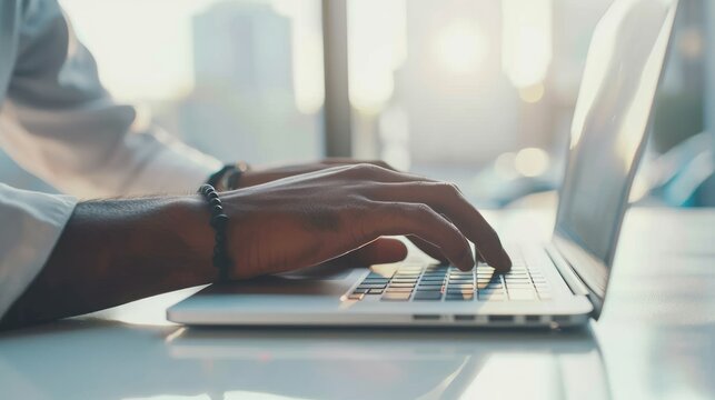 Businessman hands typing on a laptop keyboard with a blurred office background. AI generated image