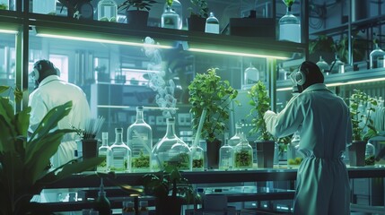 Genetic Engineer Examining Plants in Lab