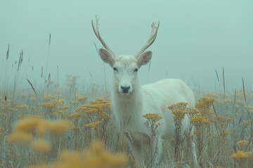 Obraz premium Ethereal White Deer in Misty Yellow Meadow